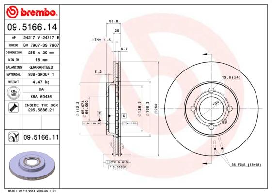 Brembo 09.5166.14 - Тормозной диск autospares.lv