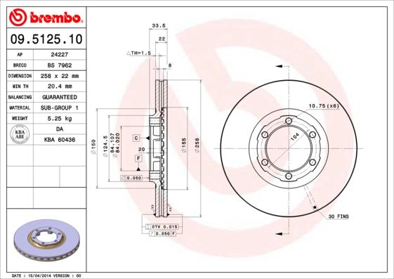 Brembo 09.5125.10 - Тормозной диск autospares.lv