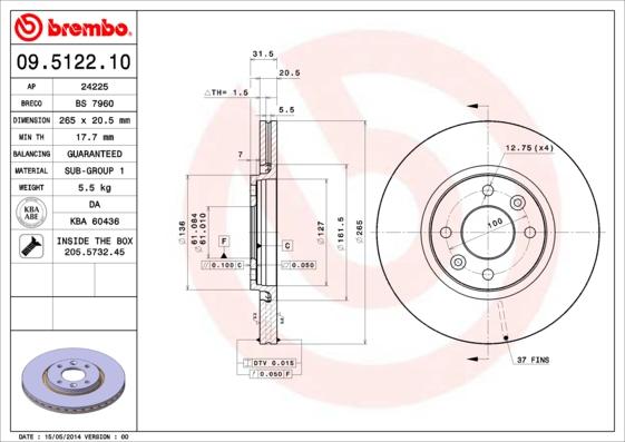 Brembo 09.5122.10 - Тормозной диск autospares.lv