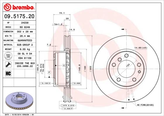 Brembo 09.5175.20 - Тормозной диск autospares.lv