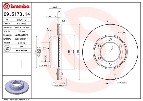 Brembo 09.5173.14 - Тормозной диск autospares.lv