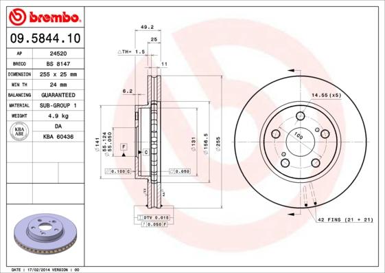 Brembo 09.5844.10 - Тормозной диск autospares.lv