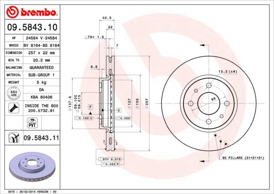 Brembo 09.5843.11 - Тормозной диск autospares.lv
