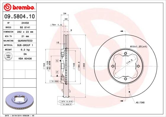 Brembo 09.5804.10 - Тормозной диск autospares.lv