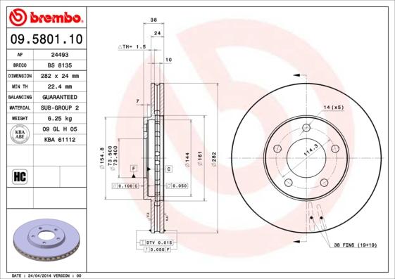 Brembo 09.5801.10 - Тормозной диск autospares.lv