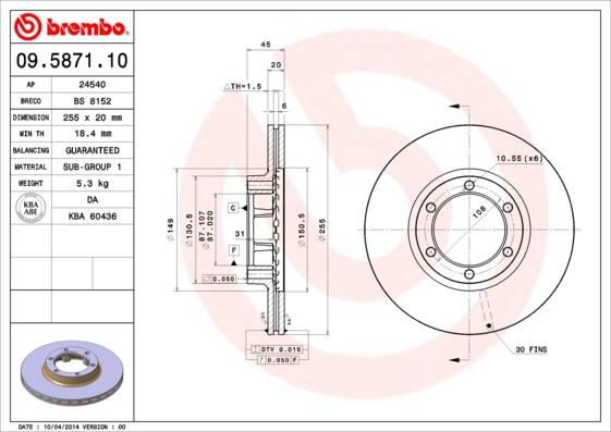 Brembo 09.5871.10 - Тормозной диск autospares.lv