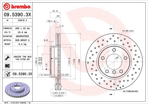 Brembo 09.5390.3X - Тормозной диск autospares.lv