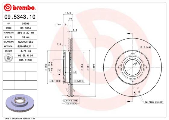 Brembo 09.5343.10 - Тормозной диск autospares.lv