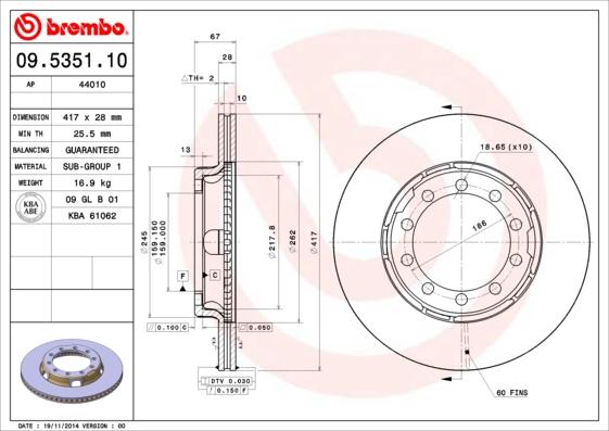 Brembo 09.5351.10 - Тормозной диск autospares.lv