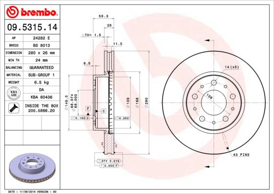 Brembo 09.5315.14 - Тормозной диск autospares.lv