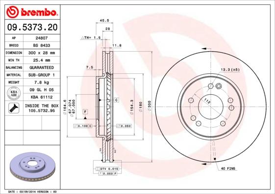Brembo 09.5373.20 - Тормозной диск autospares.lv