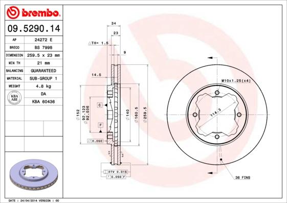 Brembo 09.5290.14 - Тормозной диск autospares.lv
