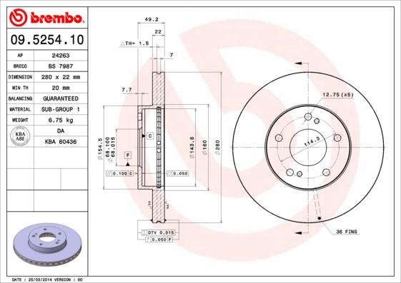 Brembo 09.5254.10 - Тормозной диск autospares.lv