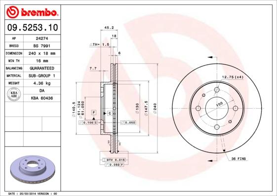 Brembo 09.5253.10 - Тормозной диск autospares.lv