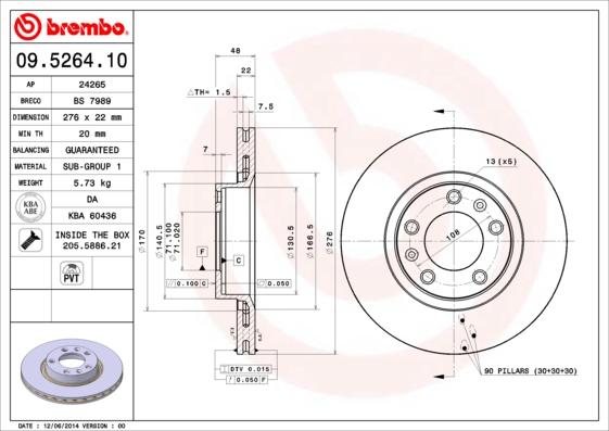Brembo 09.5264.10 - Тормозной диск autospares.lv