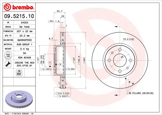 Brembo 09.5215.10 - Тормозной диск autospares.lv