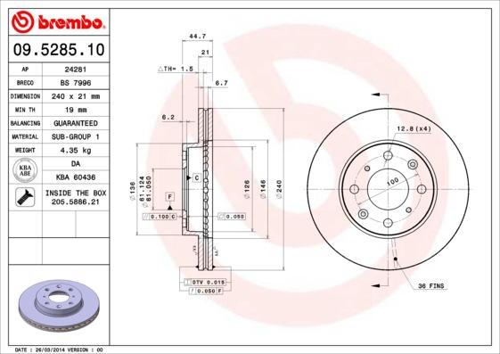 Brembo 09.5285.11 - Тормозной диск autospares.lv