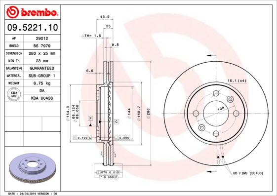 Brembo 09.5221.10 - Тормозной диск autospares.lv
