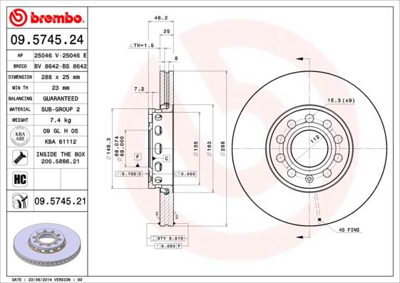 Brembo 09.5745.24 - Тормозной диск autospares.lv