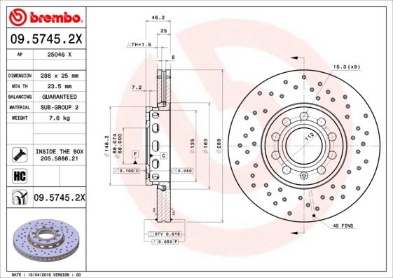 Brembo 09.5745.2X - Тормозной диск autospares.lv