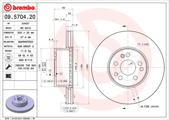 Brembo 09.5704.20 - Тормозной диск autospares.lv