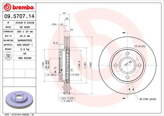 Brembo 09.5707.14 - Тормозной диск autospares.lv