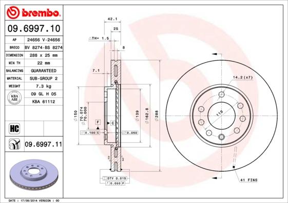 Brembo 09.6997.11 - Тормозной диск autospares.lv