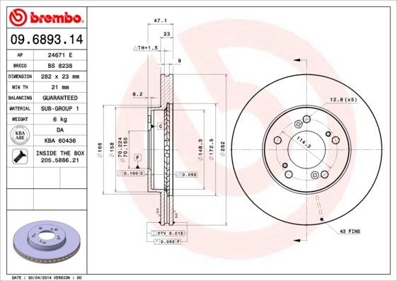 Brembo 09.6893.11 - Тормозной диск autospares.lv