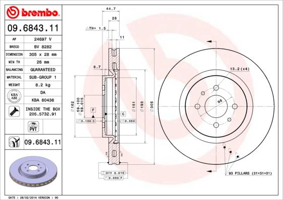 Brembo 09.6843.11 - Тормозной диск autospares.lv