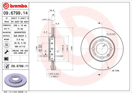 Brembo 09.6799.11 - Тормозной диск autospares.lv