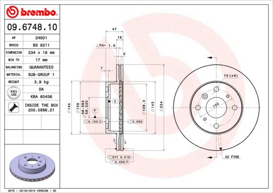 Brembo 09.6748.10 - Тормозной диск autospares.lv