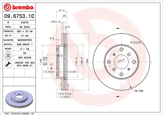 Brembo 09.6753.10 - Тормозной диск autospares.lv
