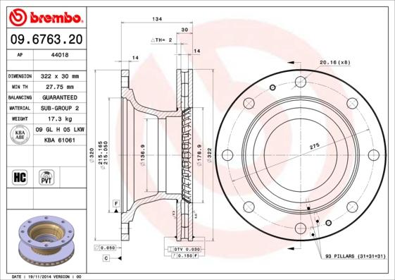 Brembo 09.6763.20 - Тормозной диск autospares.lv