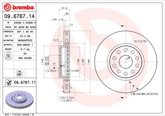 Brembo 09.6767.11 - Тормозной диск autospares.lv