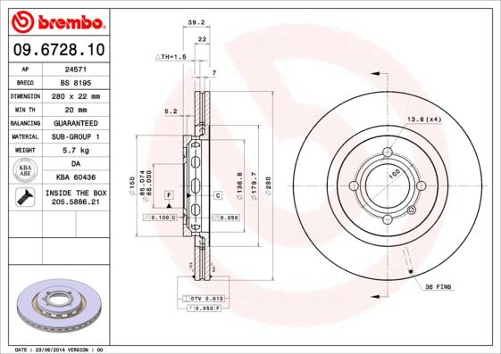 Brembo 09.6728.10 - Тормозной диск autospares.lv