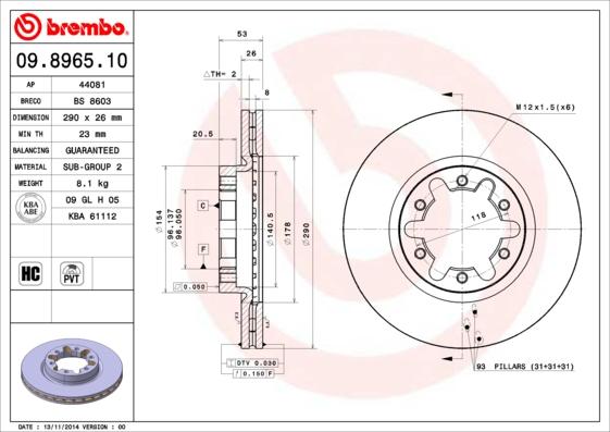 Brembo 09.8965.10 - Тормозной диск autospares.lv