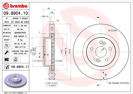 Brembo 09.8904.11 - Тормозной диск autospares.lv