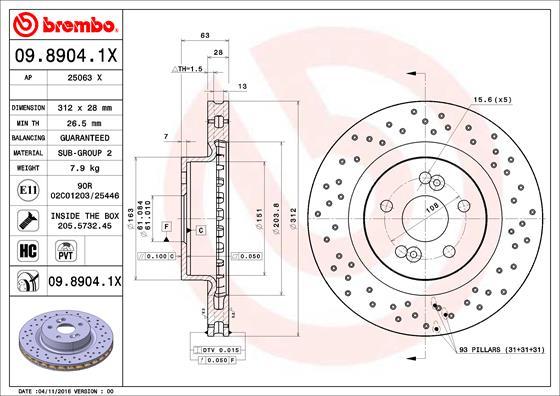 Brembo 09.8904.1X - Тормозной диск autospares.lv