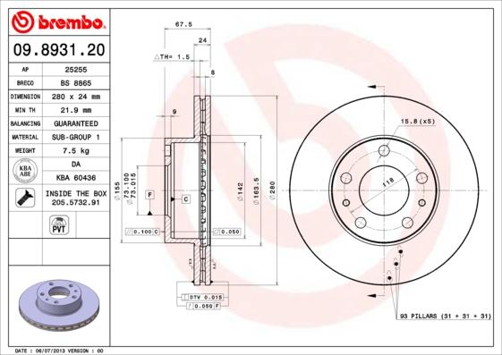 Brembo 09.8931.20 - Тормозной диск autospares.lv