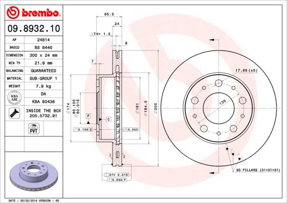 Brembo 09.8932.10 - Тормозной диск autospares.lv