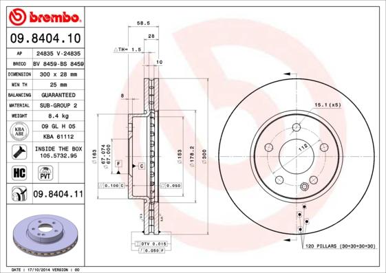 Brembo 09.8404.10 - Тормозной диск autospares.lv