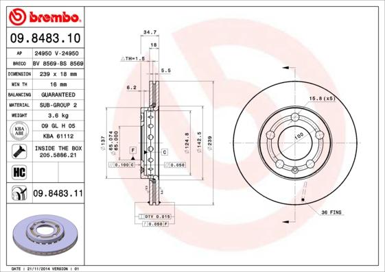 Brembo 09.8483.10 - Тормозной диск autospares.lv