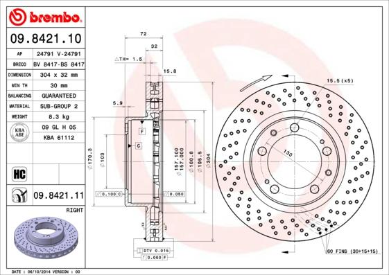 Brembo 09.8421.11 - Тормозной диск autospares.lv