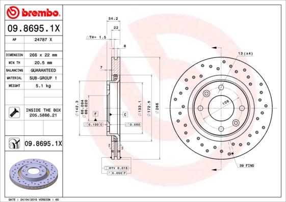 Brembo 09.8695.1X - Тормозной диск autospares.lv