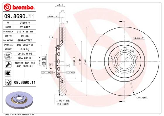 Brembo 09.8690.11 - Тормозной диск autospares.lv