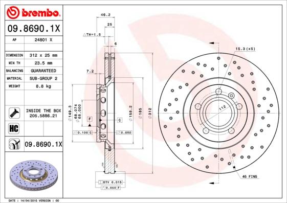 Brembo 09.8690.1X - Тормозной диск autospares.lv