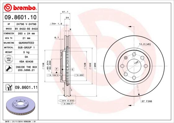 Brembo 09.8601.11 - Тормозной диск autospares.lv