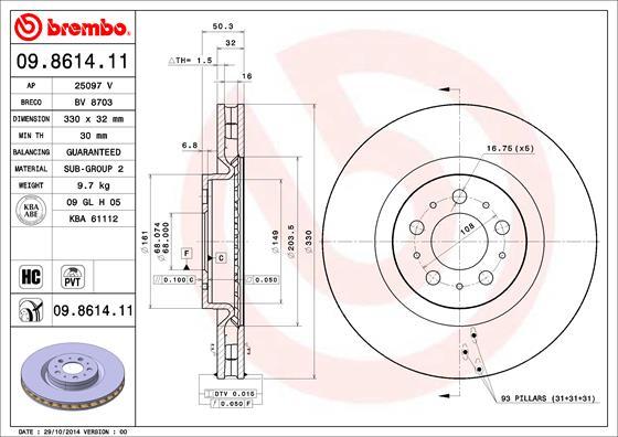 Brembo 09.8614.11 - Тормозной диск autospares.lv