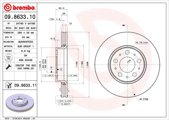Brembo 09.8633.10 - Тормозной диск autospares.lv