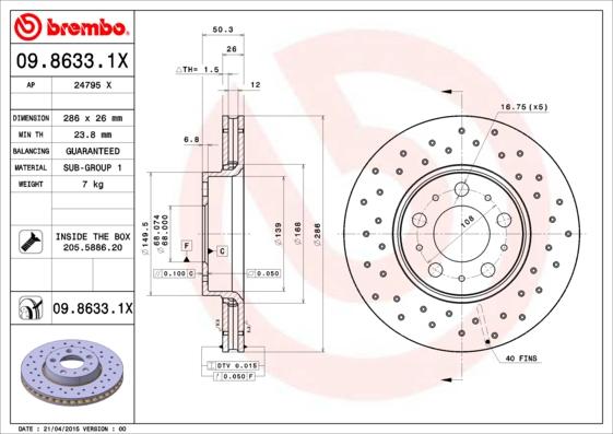 Brembo 09.8633.1X - Тормозной диск autospares.lv